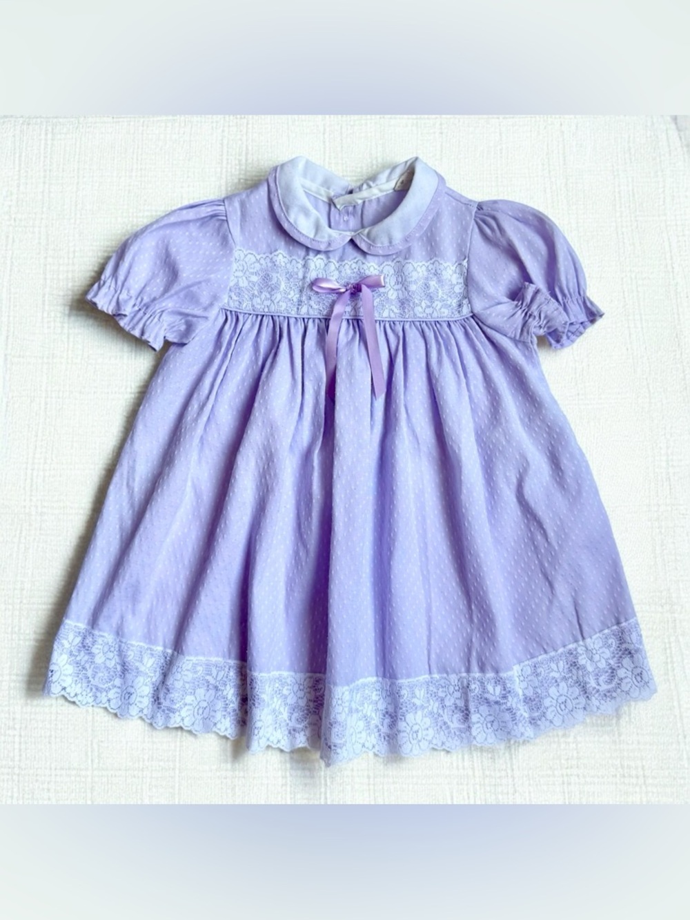 Vintage 80s Toddle Time 3T Lavender Swiss Dot Dress Lace Trim Peter Pan Collar